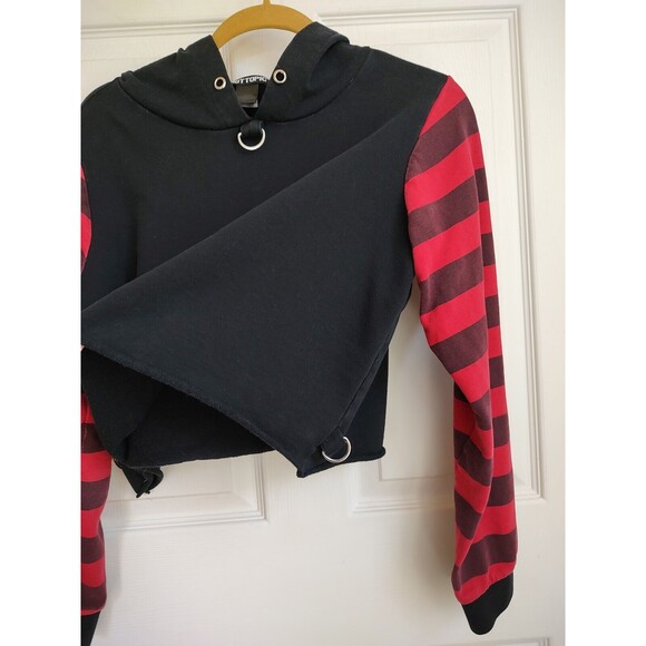 Hot Topic Women's Small Cropped Hoodie Sweatshirt Black Red Stripe - Picture 2 of 5
